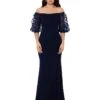 XSCAPE Long Scuba Crepe Off-the-Shoulder Dress With 3-D Flower